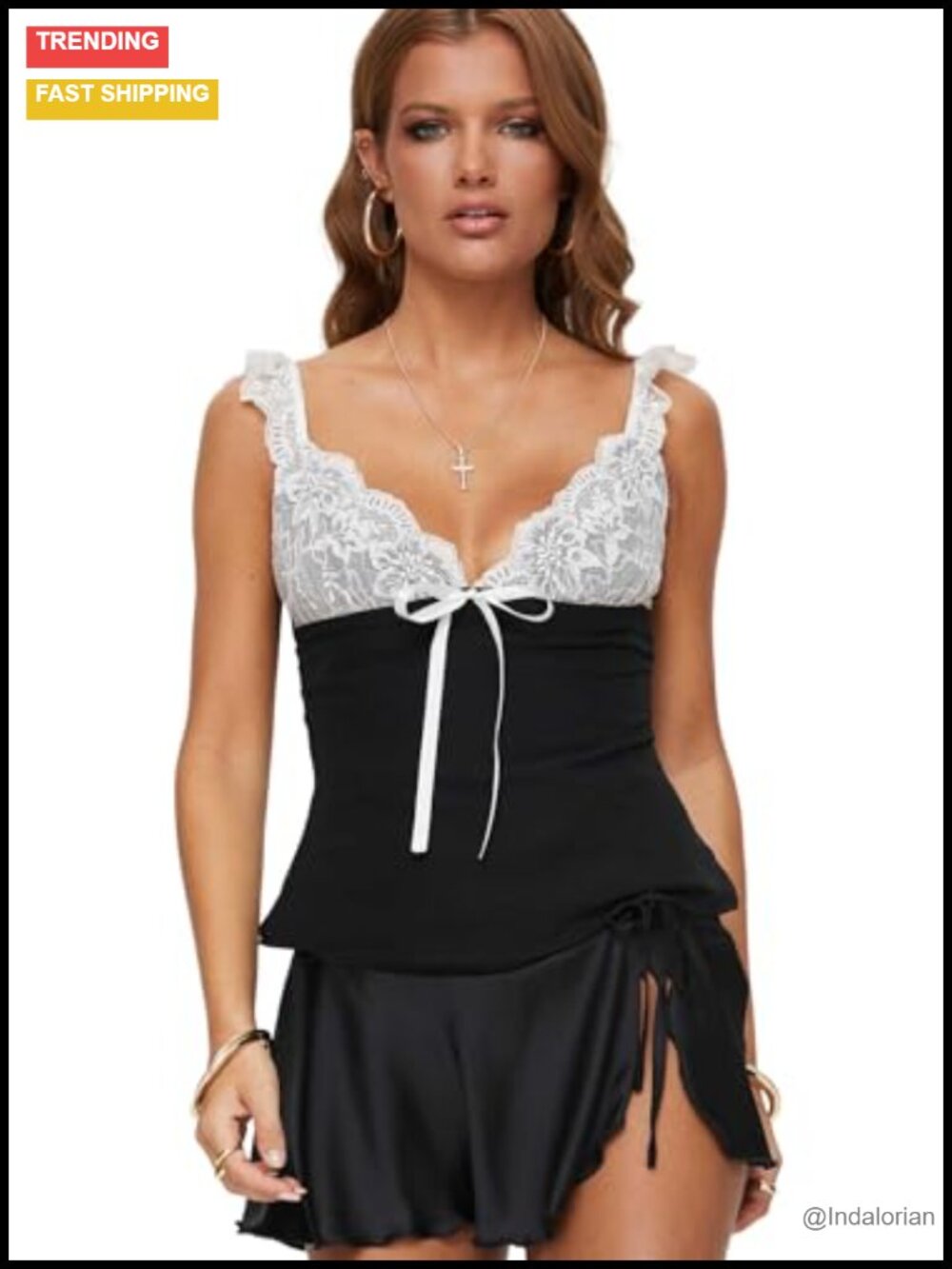 Lace Detail Tank Top with Bow Bust and Side Zip